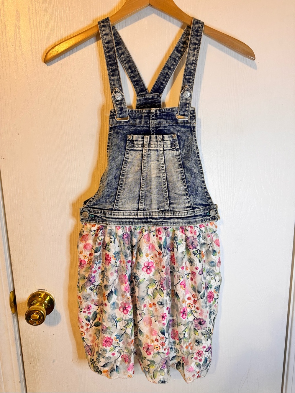 Girls' Floral Bubble Skirt Denim Overall Dress - Blue